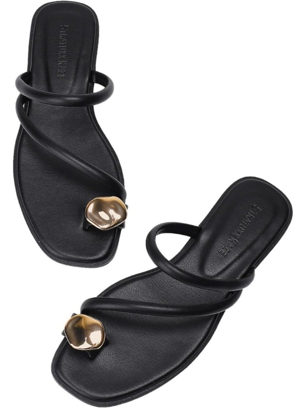 Women's Black Toe Ring Thong Sandals with Cushioned Insole Flats for Beach Wear